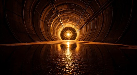 Fototapeta premium Dark circular tunnel with light at end, reflecting water on the floor, ominous and mysterious