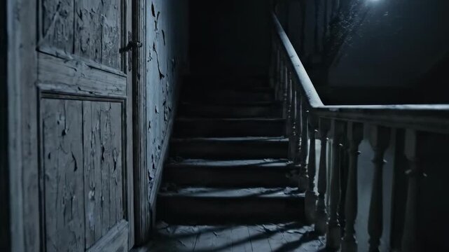 A moody and unsettling image of a decaying staircase, evoking feelings of mystery and isolation. Perfect for illustrating suspense, psychological thri