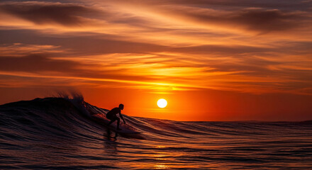 Silhouette Surfer Rides Wave at Sunset with Vivid Orange Sky Reflection on Water in Ocean