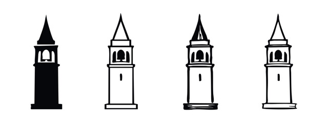 Fototapeta premium Architectural Tower Icons Set. Hand-Drawn Steeple Building Vector Illustration on White Background.