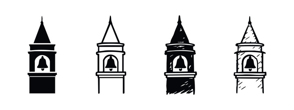 Bell Tower Icons Set. Hand-Drawn Clock Tower Spire Vector Illustration on White Background.