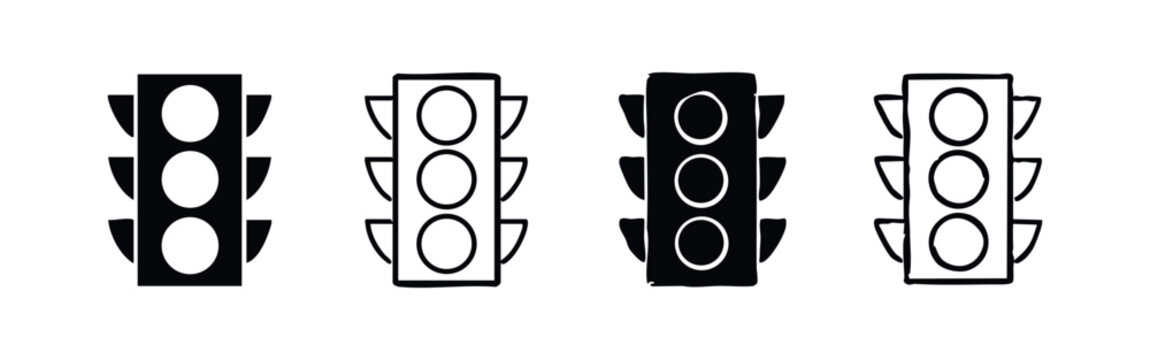 Hand-drawn and solid traffic light icons, a set of four vertical road signal symbols on white background.