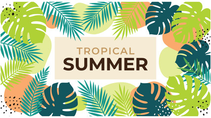 Obraz premium Tropical summer banner with exotic leaves and abstract shapes
