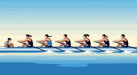 Rowing team in a boat on the water during a competition. © Awaludin