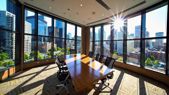 Sunlit conference room with floor-to-ceiling windows overlooking a modern city skyline; a long wooden table and sleek chairs cast sharp shadows as lens flare sparkles through the glass.