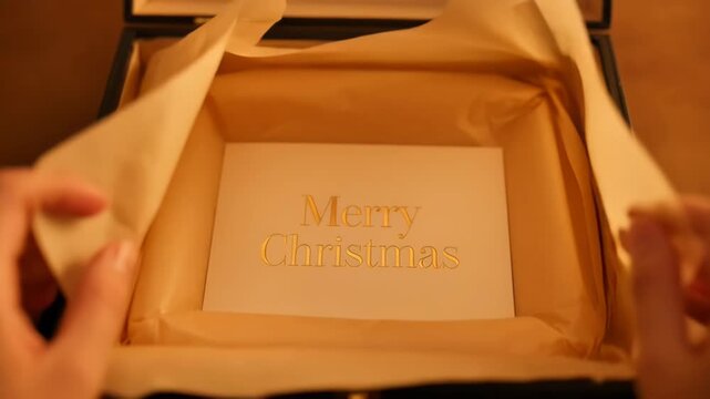 Close up of hands opening an elegant black gift box to reveal a Merry Christmas greeting card inside