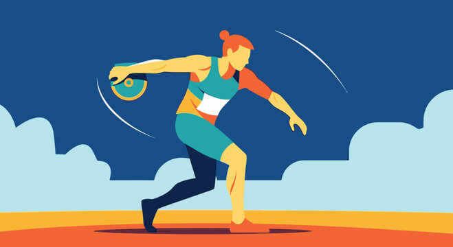 Dynamic illustration of a female discus thrower in action.