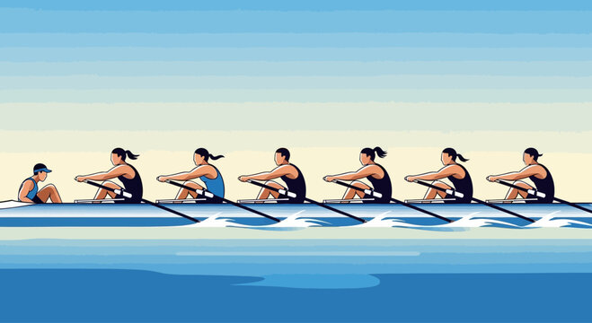 Rowing team in a boat on the water during a competition.