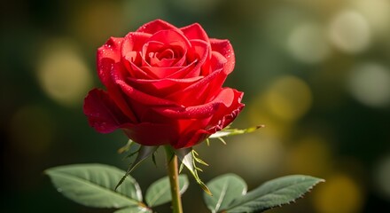 Fototapeta premium A vibrant red rose standing out in natural garden lighting with soft background blur