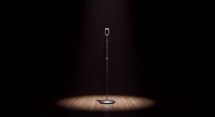 Microphone Stand on a Dark Wooden Stage Illuminated by a Single Spotlight Evoking a Classic Performance Atmosphere