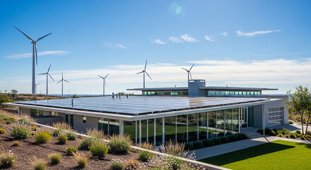 Obraz premium Modern Sustainable Home with Integrated Solar Panels on Roof and Wind Turbines in Background under Clear Blue Sky, Renewable Energy Future Concept