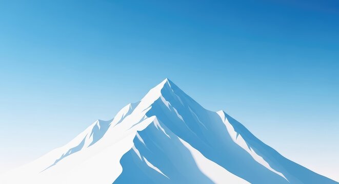Majestic snow-capped mountain peak rising against clear blue sky, serene winter landscape with sharp white ridges and subtle gradient lighting, minimalist abstract mountain illustration
