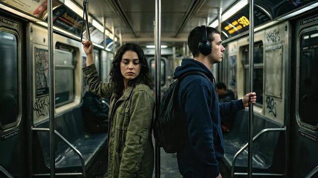 Young diverse couple standing back to back in moving subway conveying urban relationship disconnect