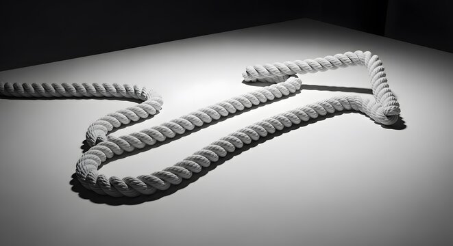 thick white rope twisted into arrow shape lying on plain white surface with dramatic lighting casting shadows symbolizing connection strength and unity