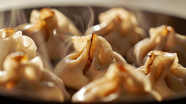Steamed dumpling with pleated top and light soy glaze, steamed dumpling with pleated dough