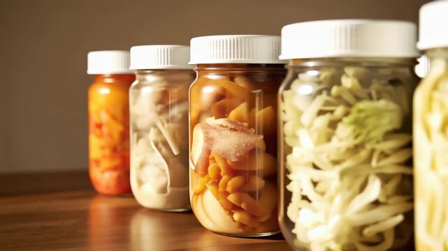Jarred pickled vegetable and preserved vegetable glass jar display wooden counter with fermented