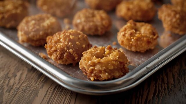 Crunchy peanut cookie clusters baking tray with golden brown cookie cluster and crunchy texture