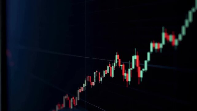 Stock market candlestick chart showing upward trend and volatile price movement with glowing