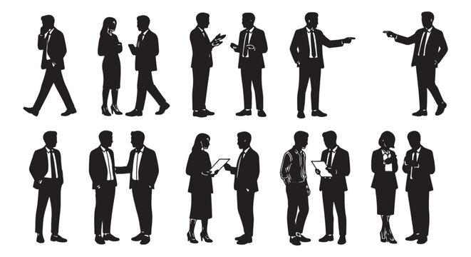 Business People Silhouettes Set Showing Professionals Conversing, Networking and Collaborating