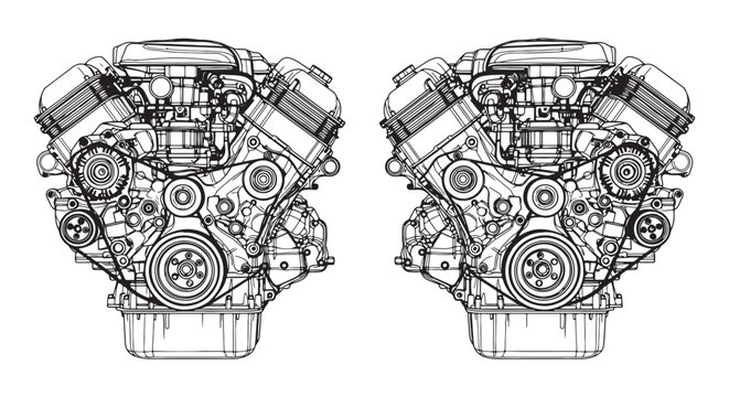 Detailed Technical Line Drawing of a V8 Engine Front View Twin Schematic for Automotive Engineering