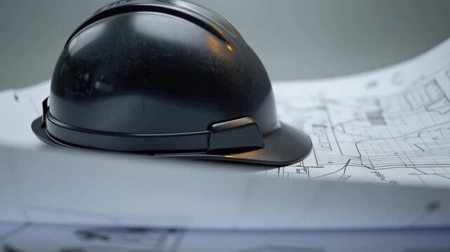 Black hardhat on architectural blueprint reflecting construction planning safety and warm soft light