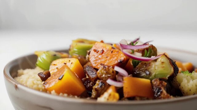 Roasted vegetable couscous with red onion, roasted Brussels sprout, carrot and squash bowl
