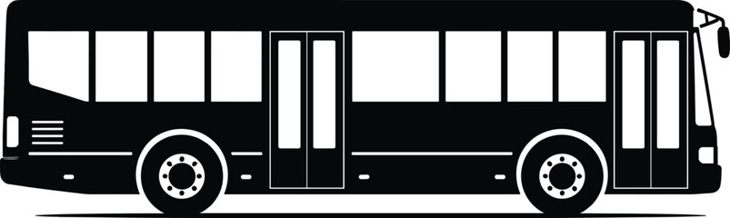 Minimal vector silhouette, city bus side view passenger transport vehicle, solid black, isolated on white background. © Saruf