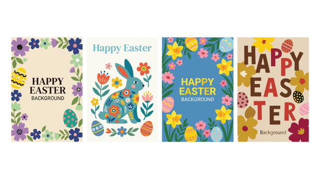 Happy easter with colorful eggs bunny and flowers designs