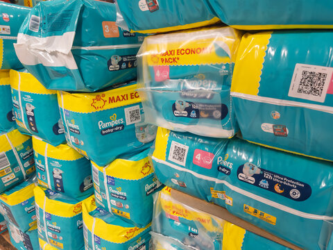 Pampers Baby Diapers Stacked in Retail Display