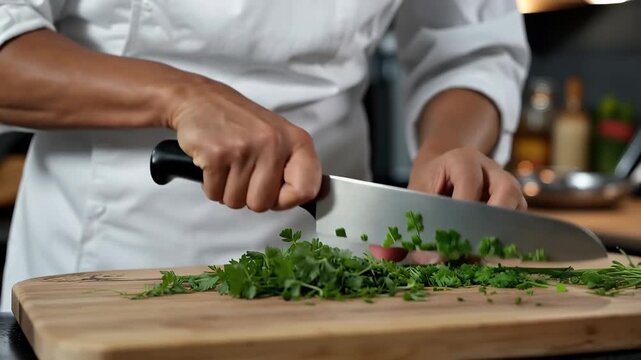 Chef chopping parsley on wooden cutting board with focused hands kitchen knife