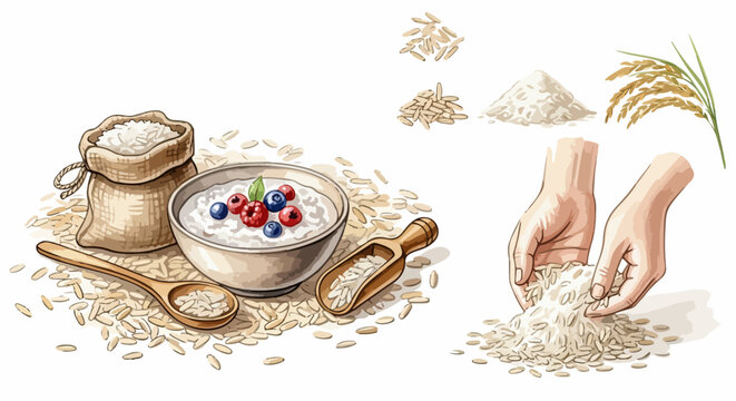Ilustra&ccedil;&atilde;o de arroz e aveia, com gr&atilde;os, farinha, mingau com frutas vermelhas e m&atilde;os manuseando cereais, destacando nutri&ccedil;&atilde;o e ingredientes naturais.