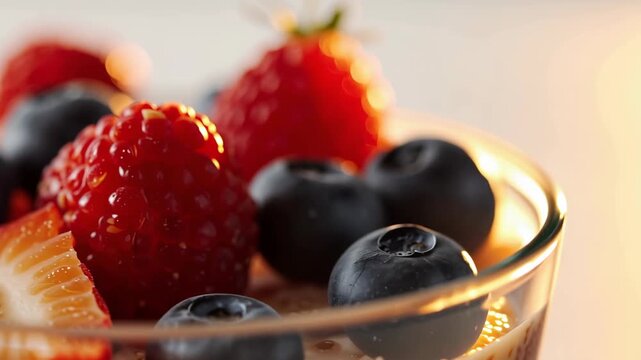 Bright creamy chia pudding bowl with strawberry raspberry blueberry topped berries for breakfast