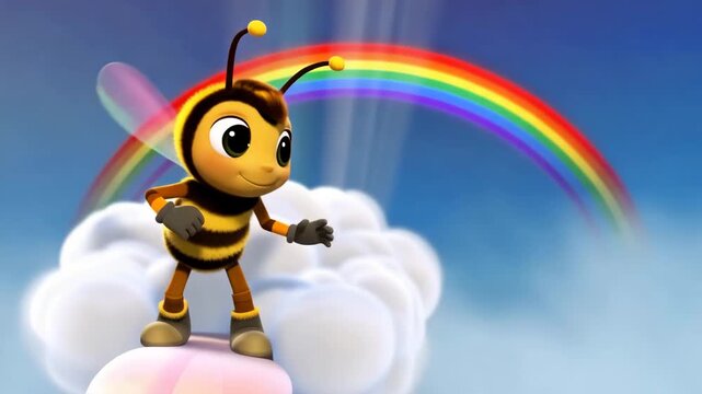 Cheerful bee cartoon stands smiling happily on fluffy cloud under rainbow sky