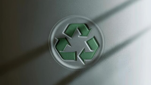 Recycling symbol embossed matte plastic texture with recycled emblem and green arrows conveying