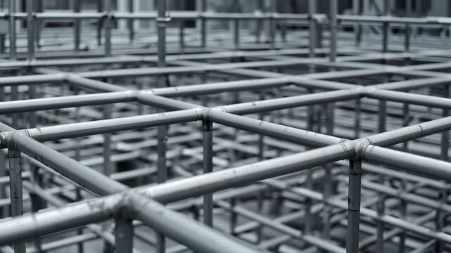 Metal pipe grid structure with repeating intersecting bars conveying industrial symmetry and cool