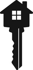 Fototapeta premium Minimal vector silhouette, house key with home-shaped head, solid black, isolated on white background.