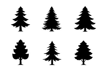Obraz premium Six stylized silhouettes of evergreen trees in varying sizes and shapes