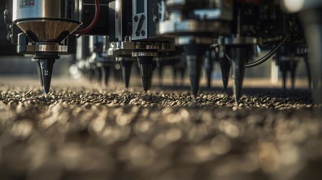 Roasting machine nozzles over roasted coffee bean bed creating warm industrial aroma and texture