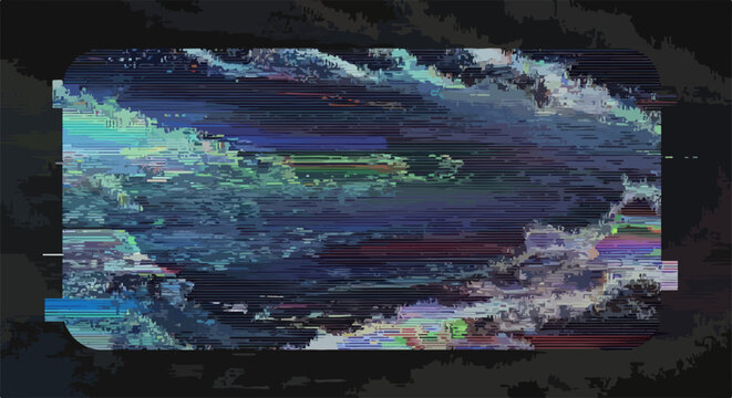 Fundo abstrato com efeito glitch e ondas digitais vibrantes em tons de azul e roxo, sugerindo tecnologia futurista e ciberespa&ccedil;o.