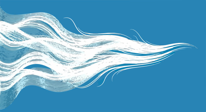 Ilustra&ccedil;&atilde;o digital abstrata com pinceladas brancas fluidas e din&acirc;micas sobre um fundo azul vibrante, criando um efeito de movimento e energia.