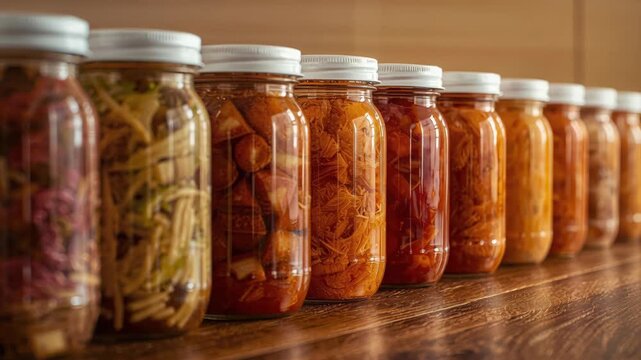 Pickled vegetables glass jar row with warm kitchen lighting and rustic mood fermented food jars