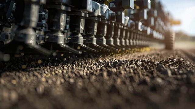 Seed drill planter precision seeder planting seeds into tilled soil with shallow depth motion warm