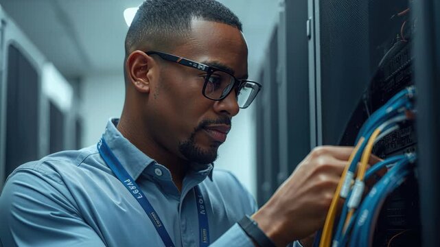 Technician server rack adjusting ethernet network cables and organizing server network cable