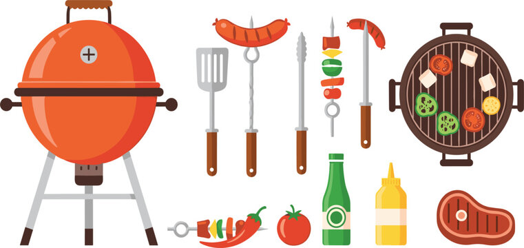 BBQ and Grilling Icon Set Featuring Grill, Skewers, Sausages, Vegetables, Condiments, and Grilling Tools in Vibrant Vector Style