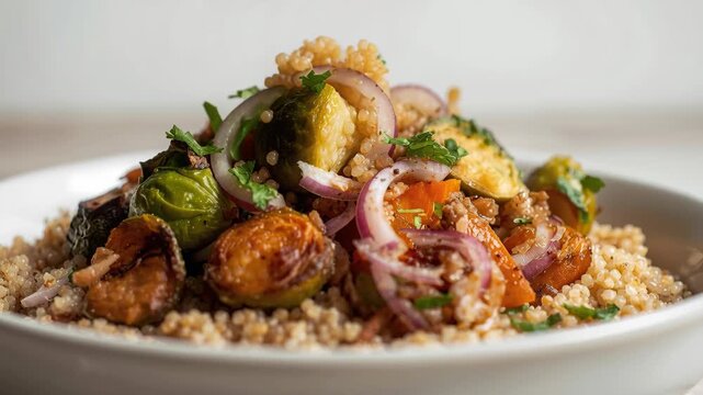 Roasted brussels sprout quinoa bowl with roasted carrot zucchini red onion and herb savory autumn