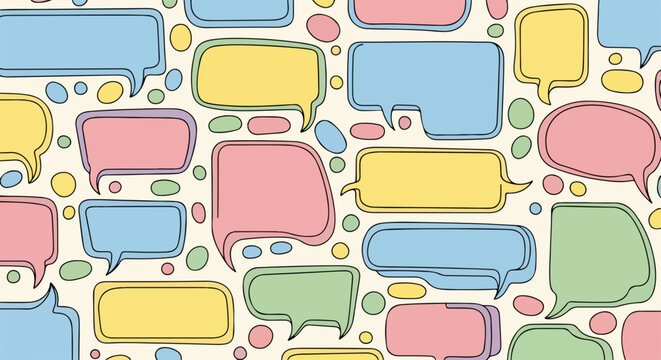 Padr&atilde;o sem costura de bal&otilde;es de fala coloridos em tons pastel, ilustrando comunica&ccedil;&atilde;o e intera&ccedil;&atilde;o social com estilo desenhado &agrave; m&atilde;o.
