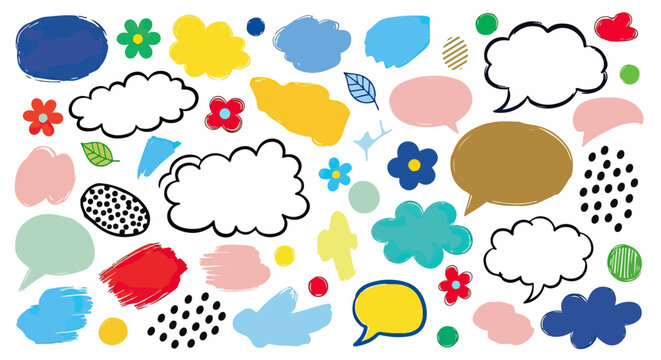 Cole&ccedil;&atilde;o vibrante de elementos gr&aacute;ficos desenhados &agrave; m&atilde;o, incluindo bal&otilde;es de fala, nuvens de pensamento, flores e pinceladas coloridas, ideal para design criativo e infantil.
