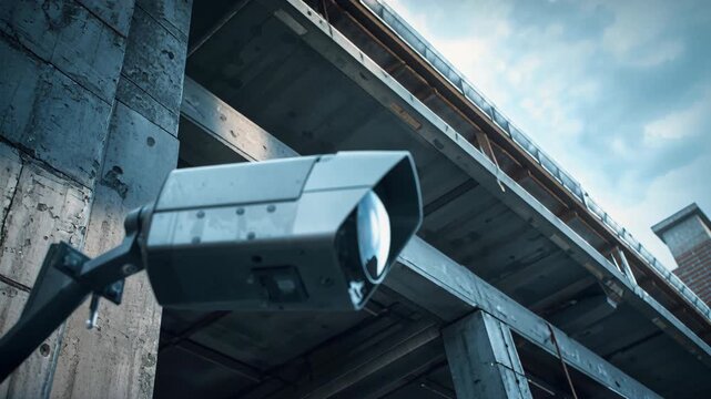 Surveillance camera monitoring concrete building exterior with security lens capturing moody urban