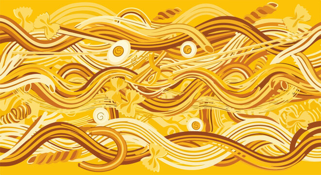 Ilustra&ccedil;&atilde;o vetorial abstrata de massas variadas em tons de amarelo e marrom, com ovos, criando um padr&atilde;o din&acirc;mico de comida italiana.