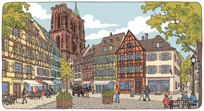 Uma charmosa ilustra&ccedil;&atilde;o de uma pra&ccedil;a europeia com casas em enxaimel, pessoas e uma catedral imponente sob um c&eacute;u azul.